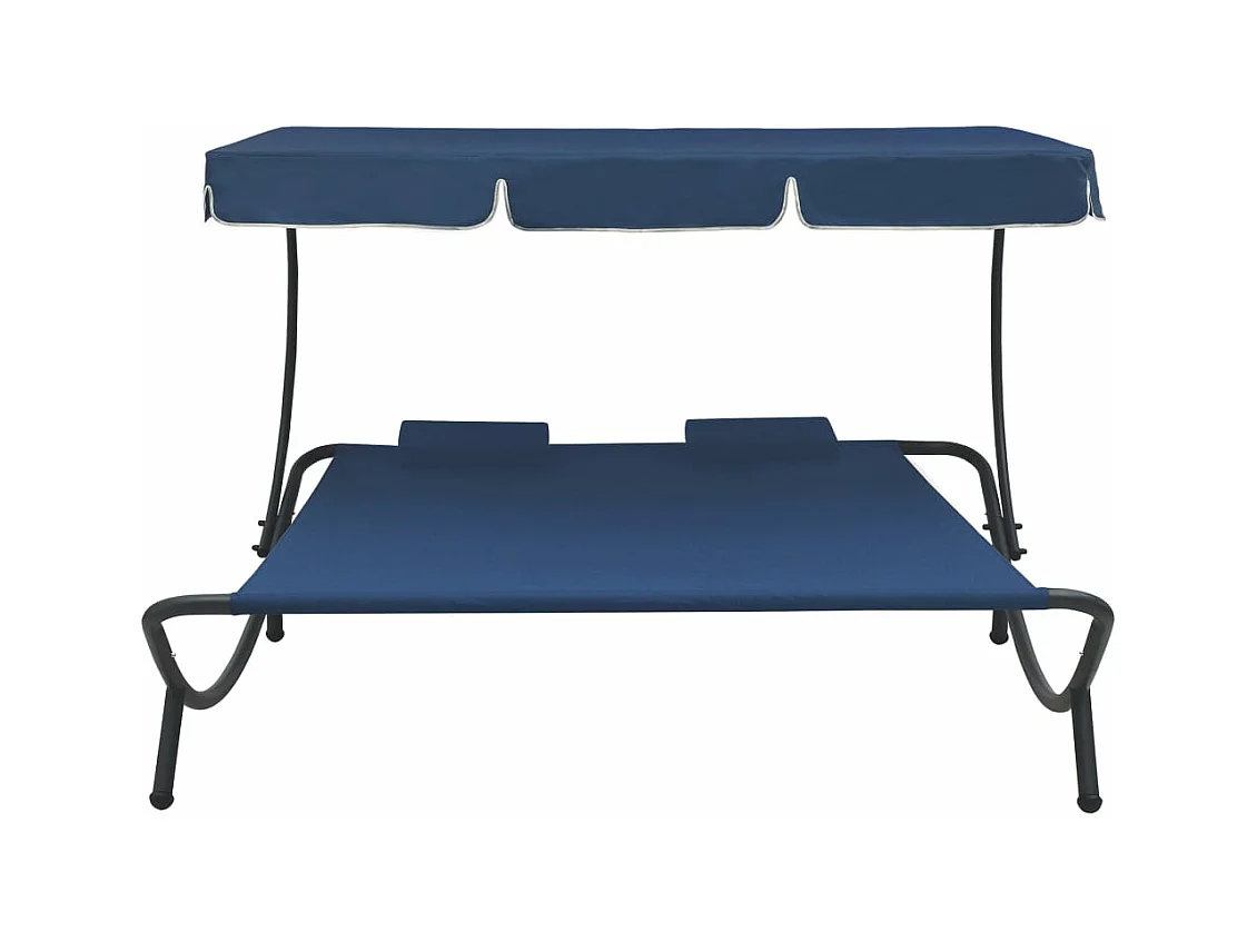 Buitenligbed met baldakijn en blauwe kussens