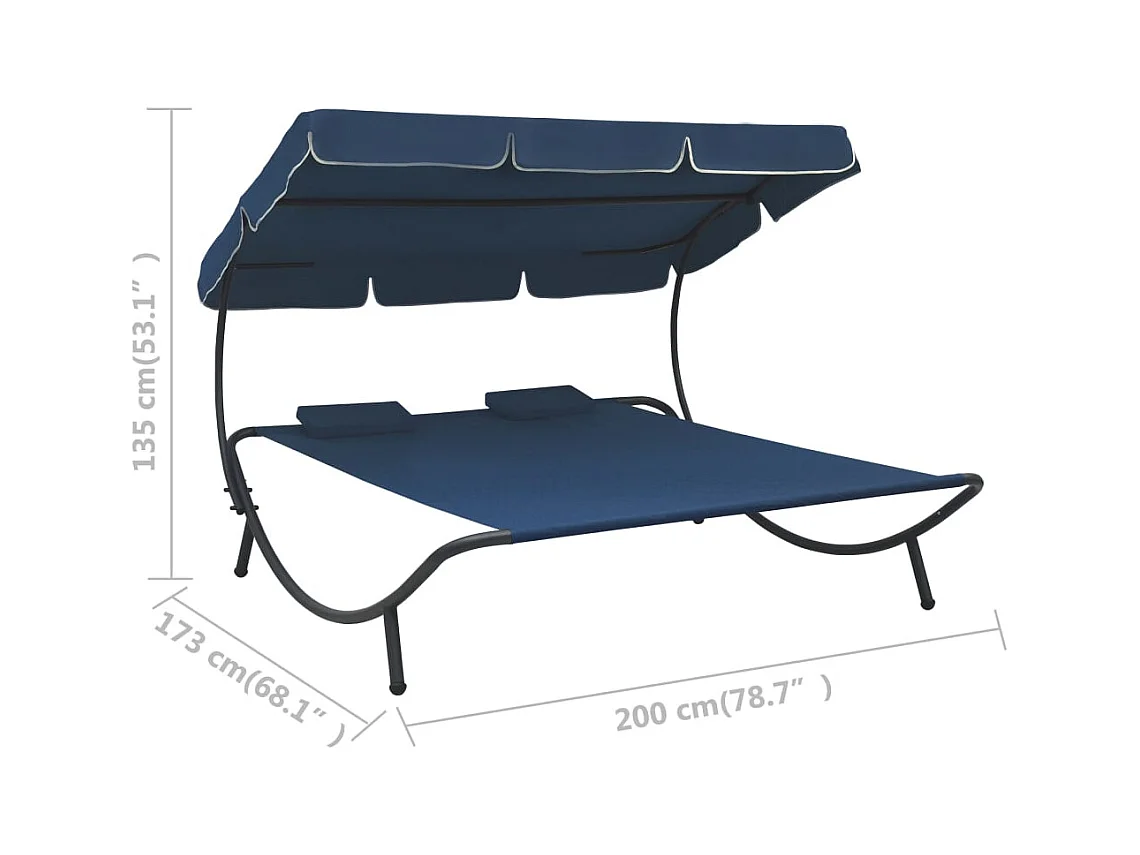 Buitenligbed met baldakijn en blauwe kussens