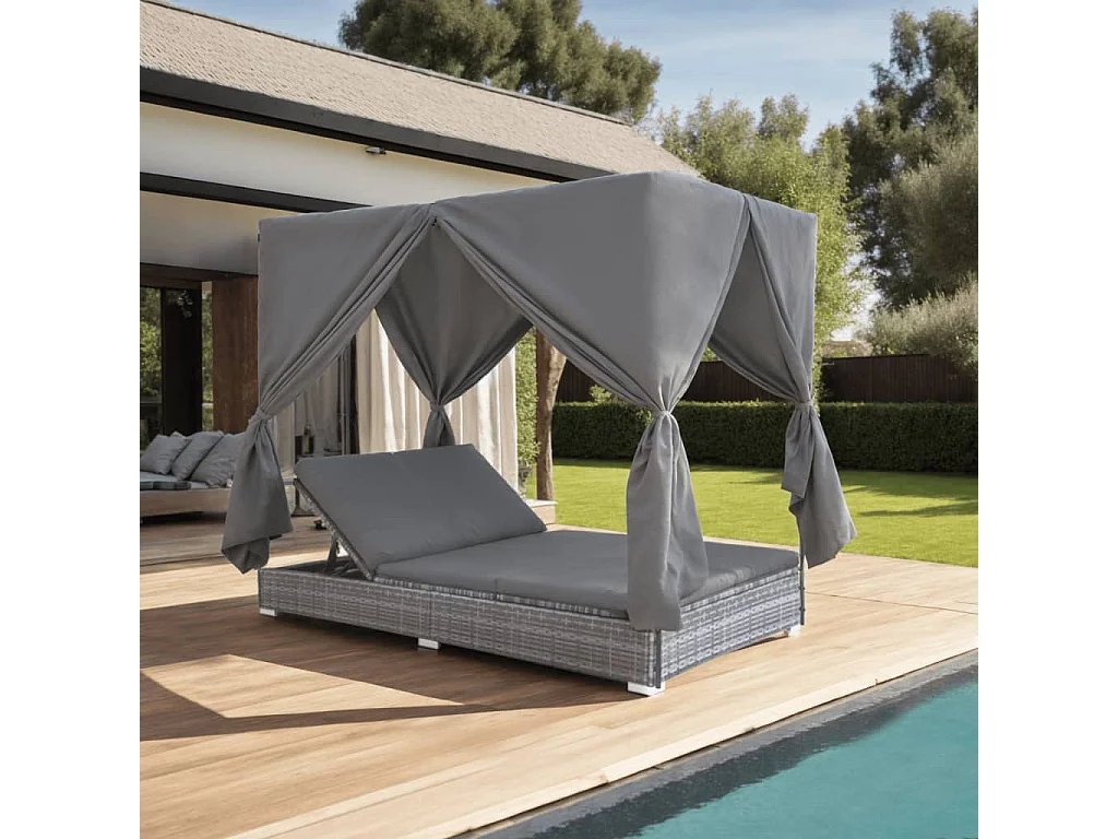 Chaise longue d'extérieur avec rideaux Résine tressée Gris