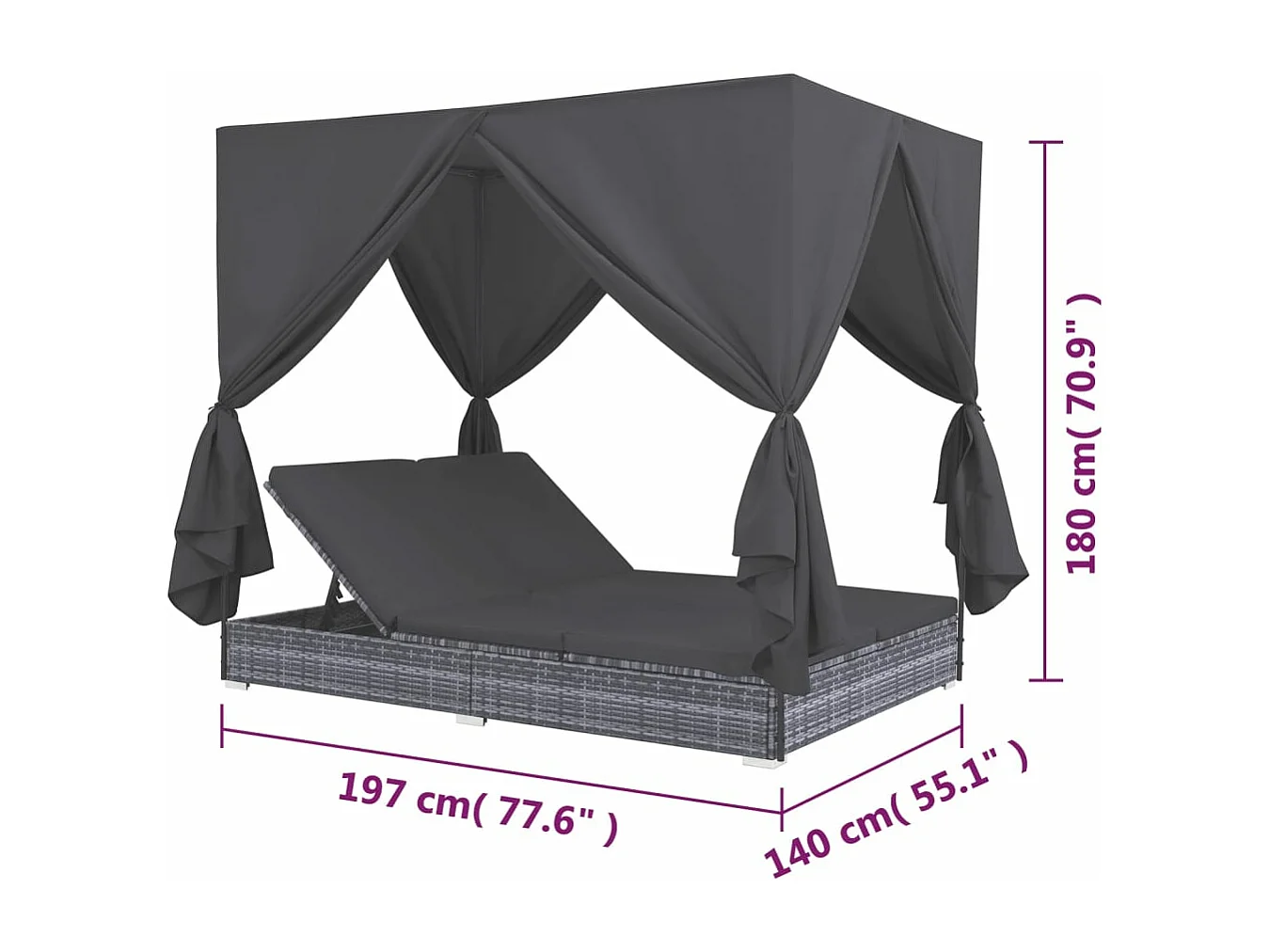 Chaise longue d'extérieur avec rideaux Résine tressée Gris
