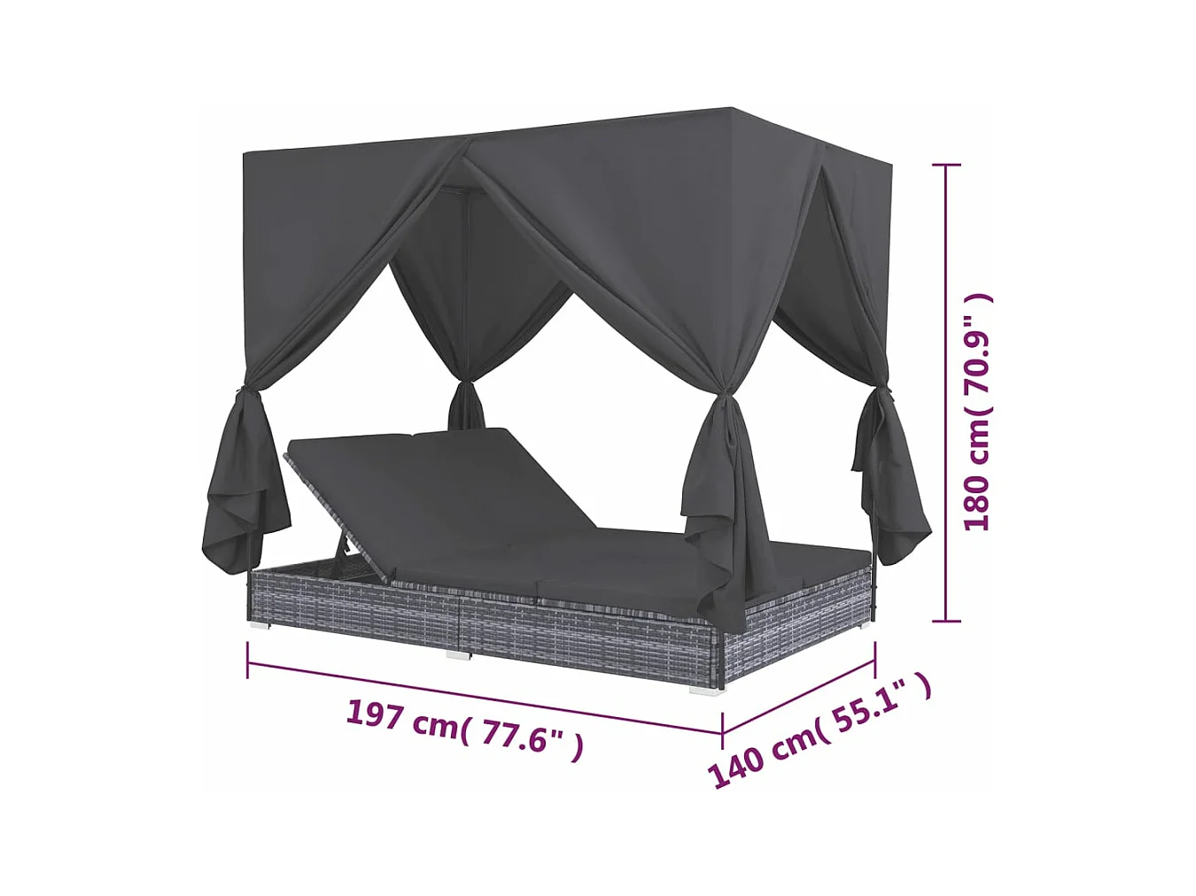 Espreguiçadeira de exterior com cortinas de vime resina cinza