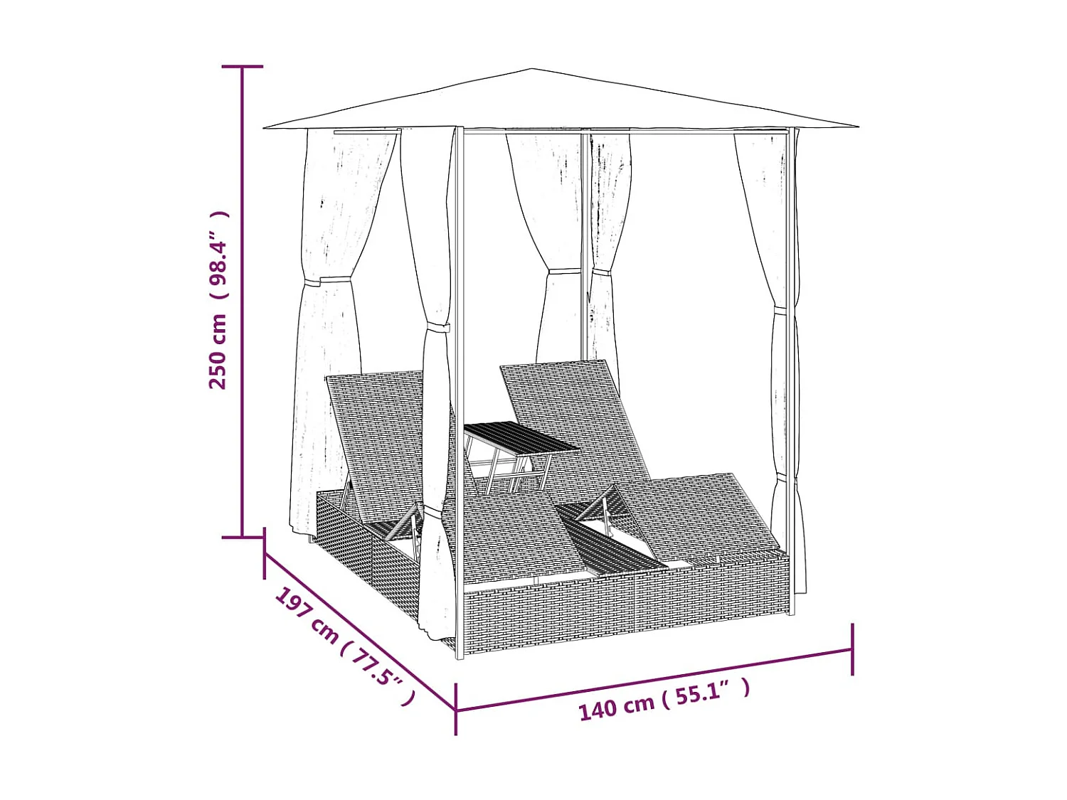 Doppel-Loungesessel mit Vorhängen aus Kunstharzgeflecht in Braun