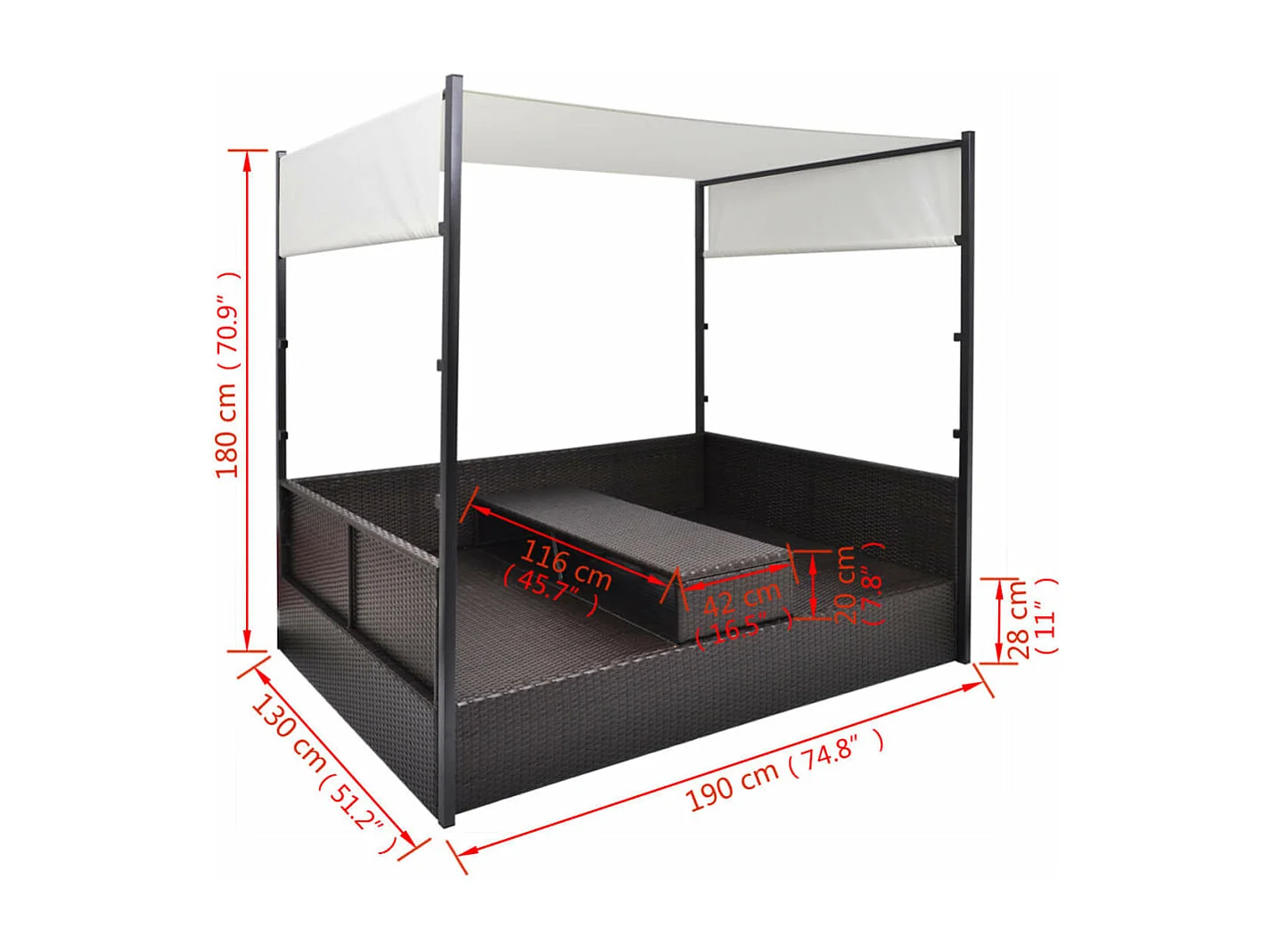 Cama de jardín con dosel Marrón 190x130 cm Mimbre de resina