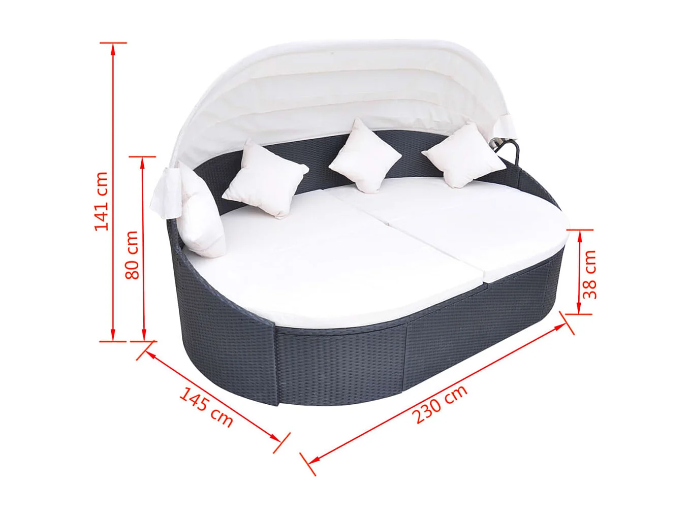 Chaise longue de jardin avec auvent Résine tressée Noir