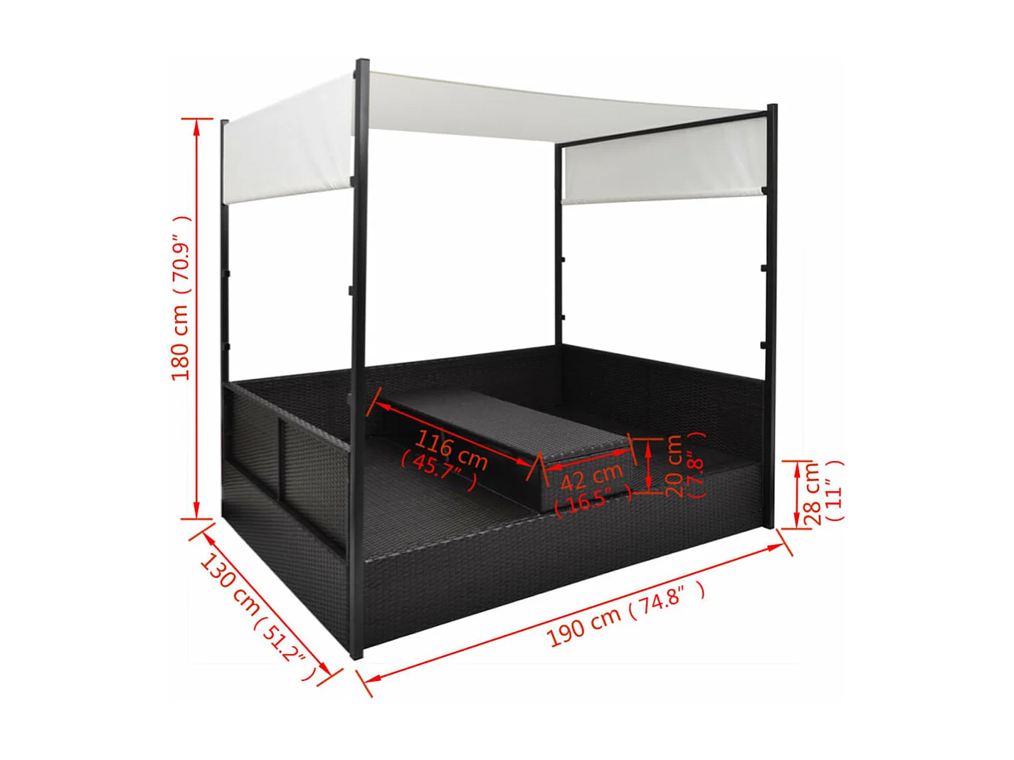 Cama de jardín con dosel Negro 190x130 cm Mimbre de resina