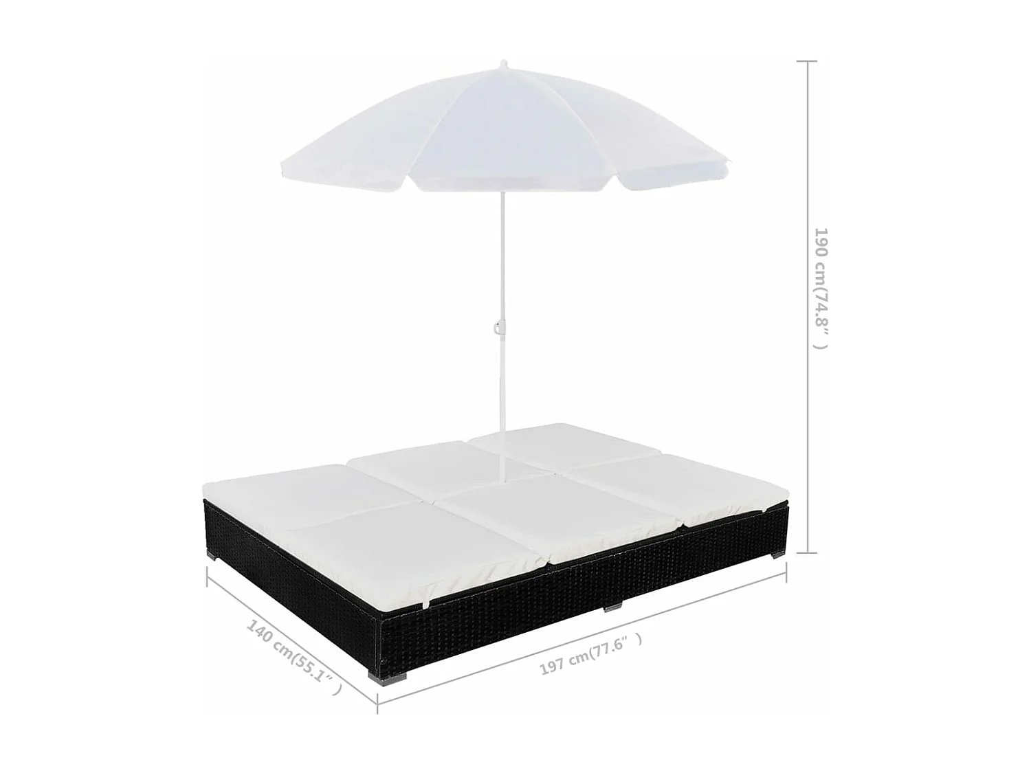 Chaise longue d'extérieur avec parasol Résine tressée Noir