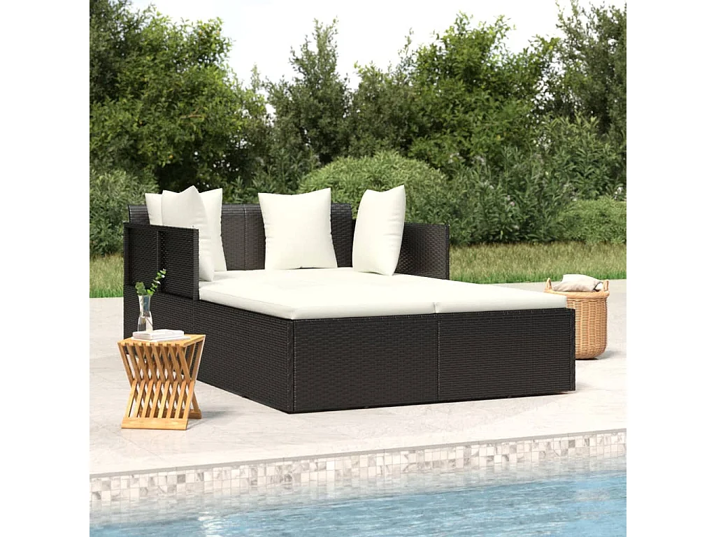 Chaise longue avec coussins noir 182x118x63 cm résine tressée