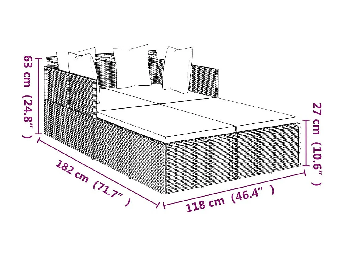 Chaise longue avec coussins noir 182x118x63 cm résine tressée