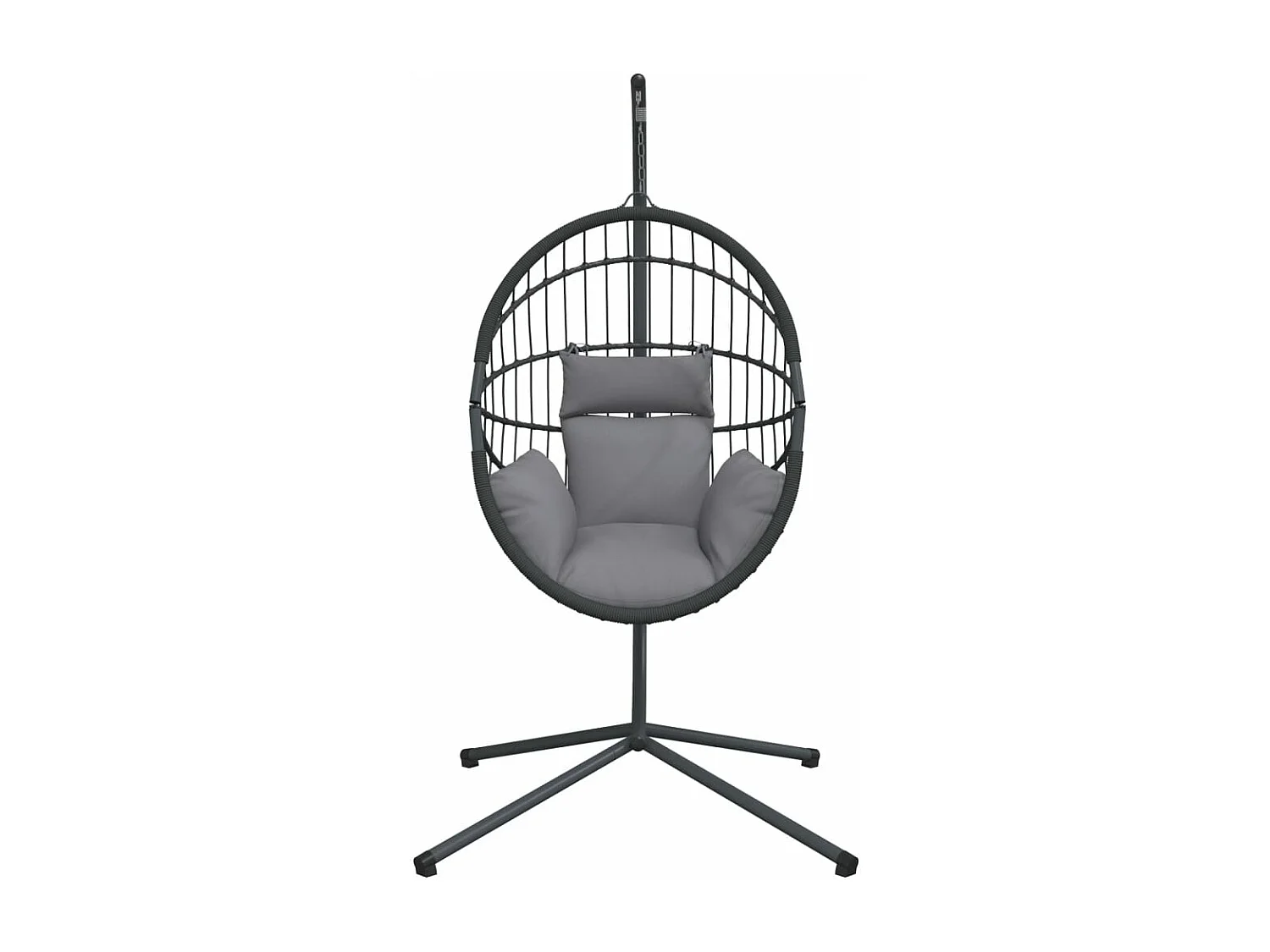 Chaise suspendue en forme d'œuf et support gris rotin et acier