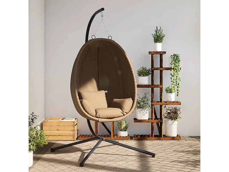 Chaise suspendue en forme d'œuf et support taupe tissu et acier