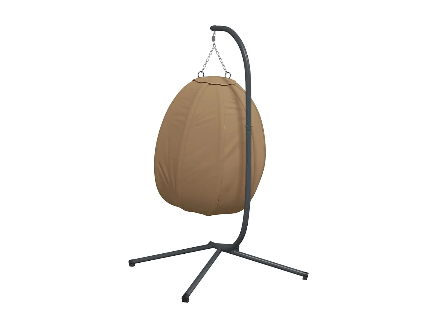 Poltroncina sospesa a forma di uovo con struttura in tessuto e acciaio color tortora