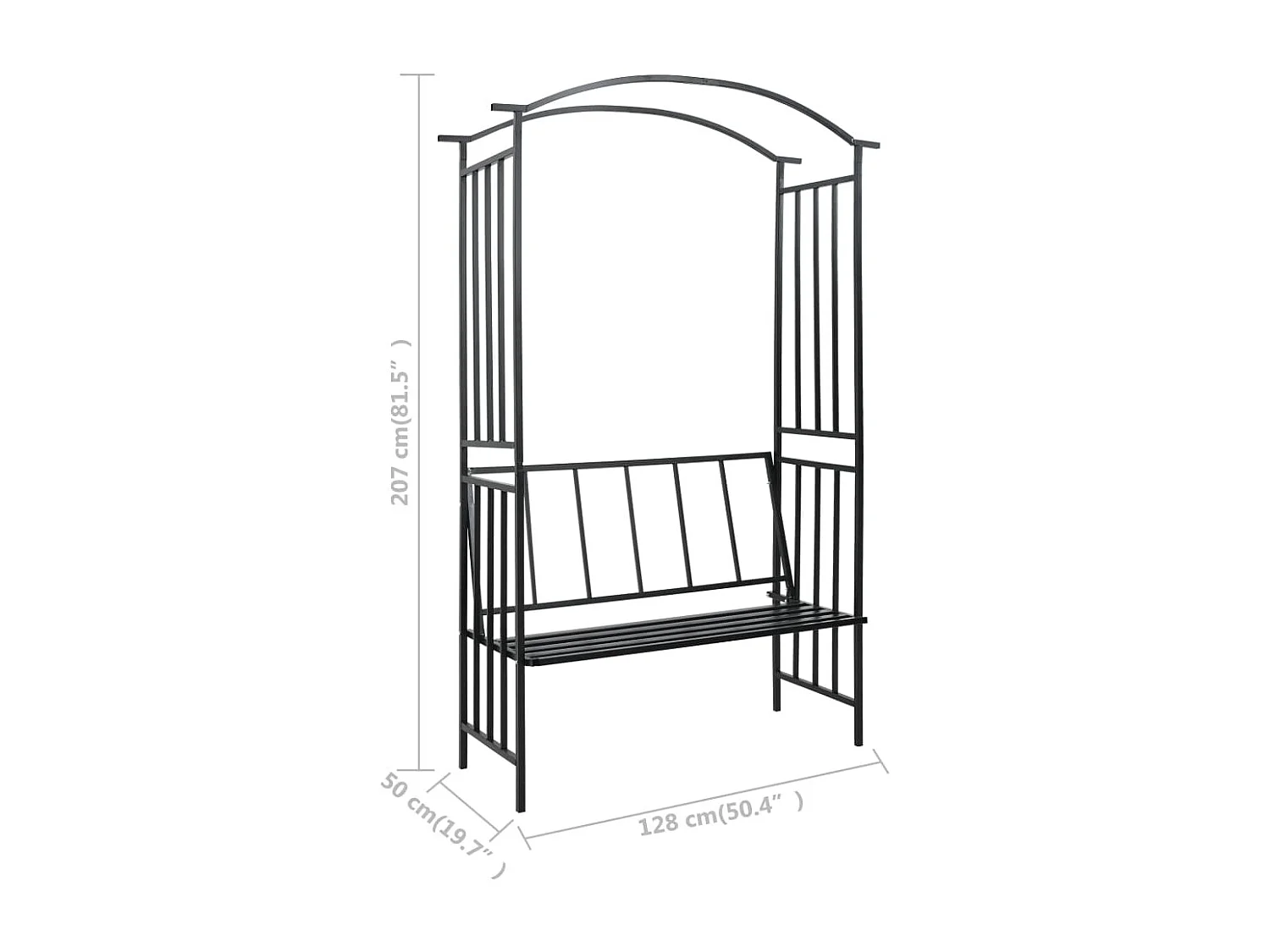 Arco da giardino con panca Nero 128x50x207 cm Ferro