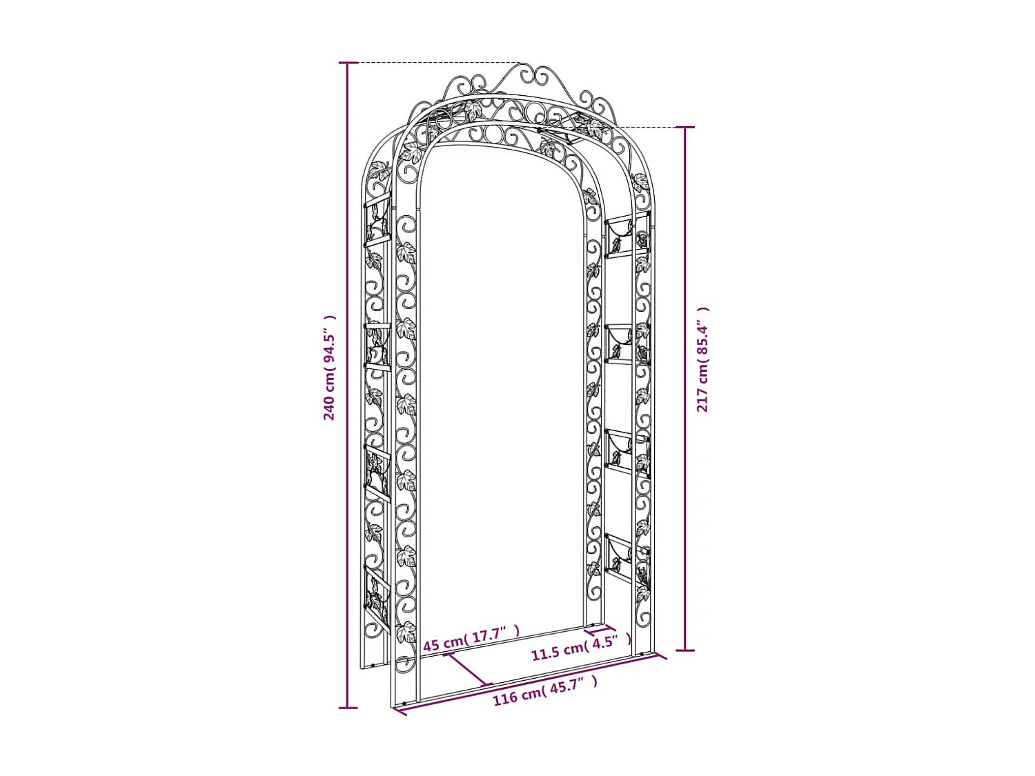 Arco de jardín Negro 116x45x240 cm Acero