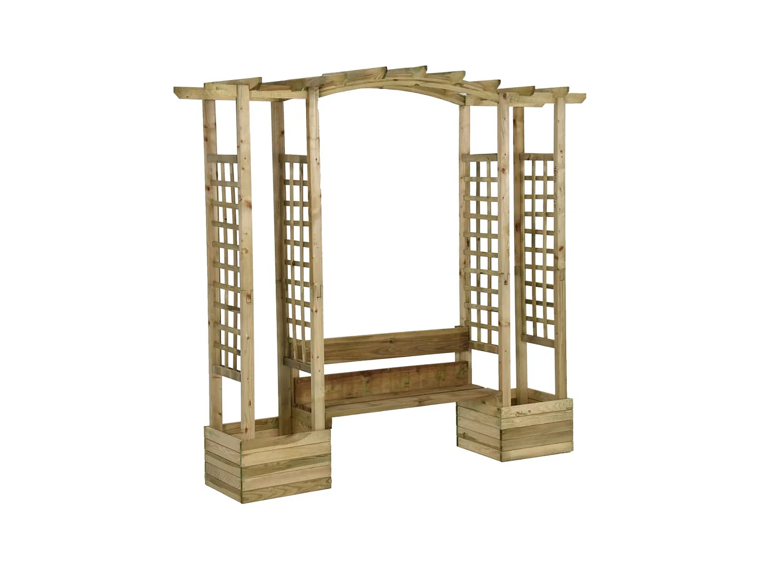 Gartenpergola mit Bank und Pflanzgefäßen. Imprägniertes Kiefernholz