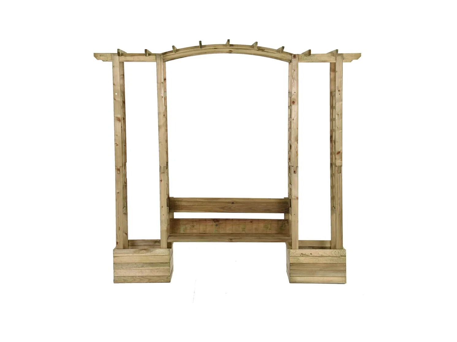 Gartenpergola mit Bank und Pflanzgefäßen. Imprägniertes Kiefernholz