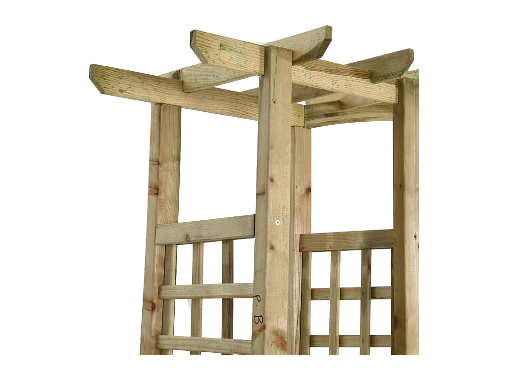 Gartenpergola mit Bank und Pflanzgefäßen. Imprägniertes Kiefernholz