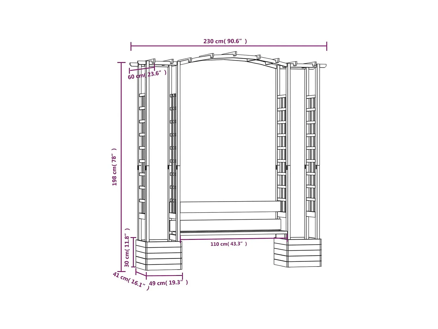 Gartenpergola mit Bank und Pflanzgefäßen. Imprägniertes Kiefernholz
