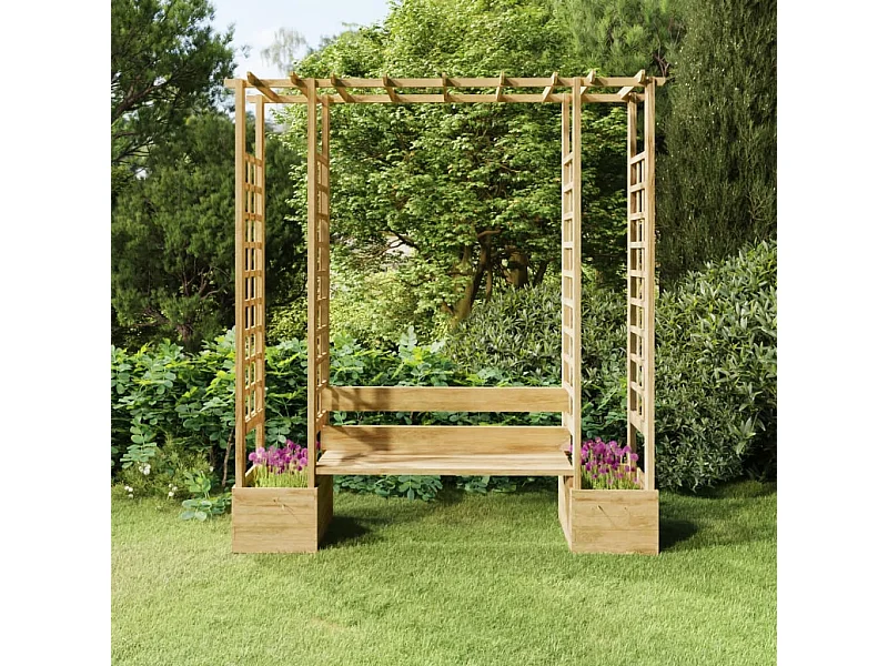 Pérgola de jardín con banco y jardineras Madera de pino impregnada
