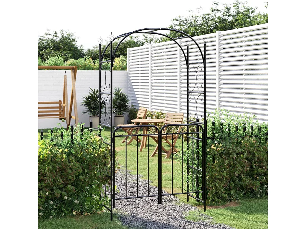Arco de jardín con puerta negra 108x45x235 cm acero