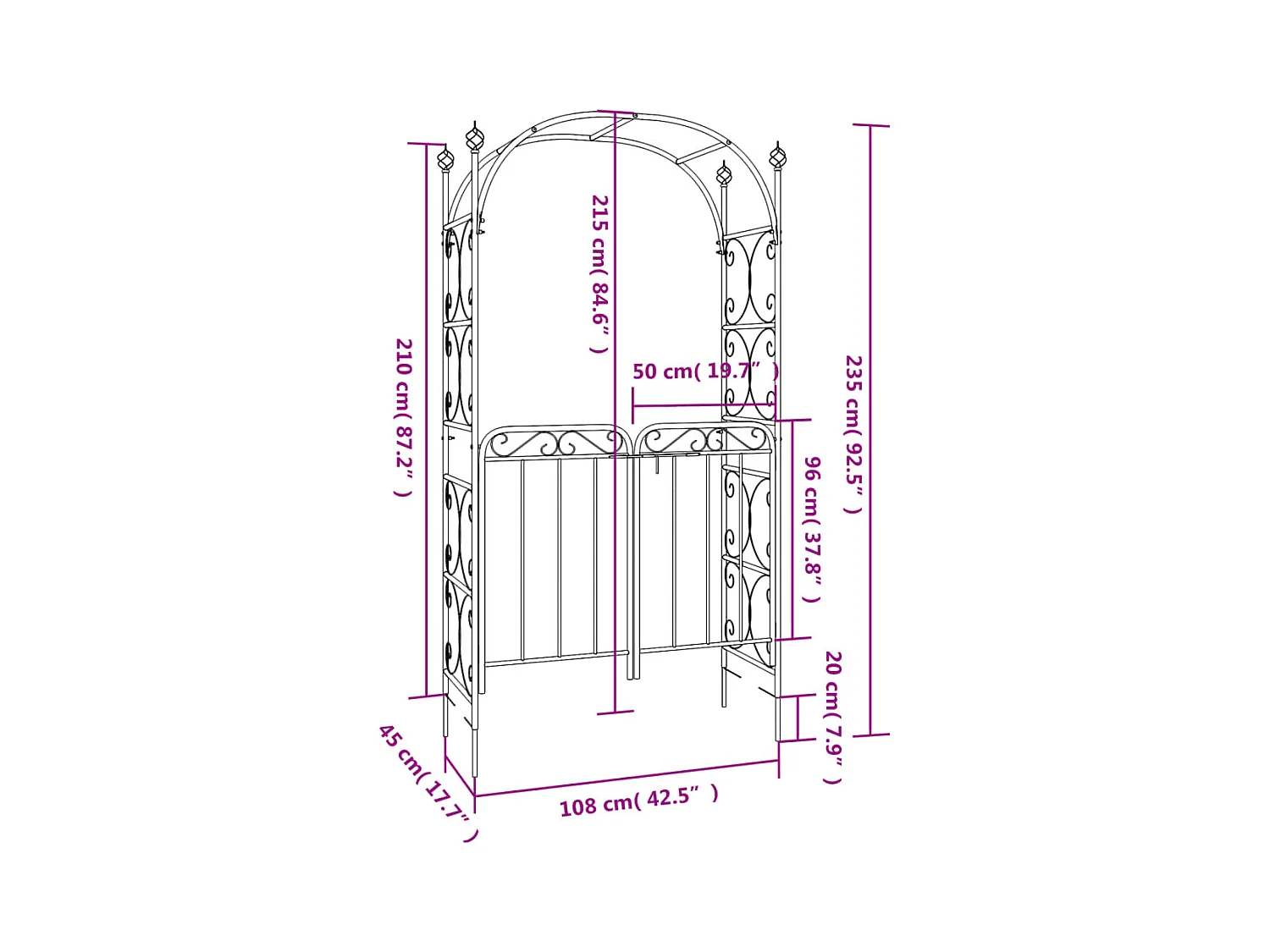 Arco de jardín con puerta negra 108x45x235 cm acero