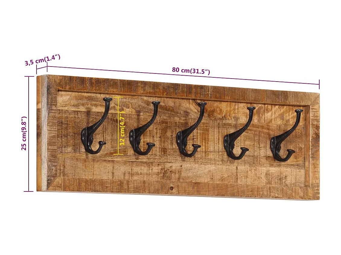 Porte-manteau mural avec 5 crochets bois de manguier massif