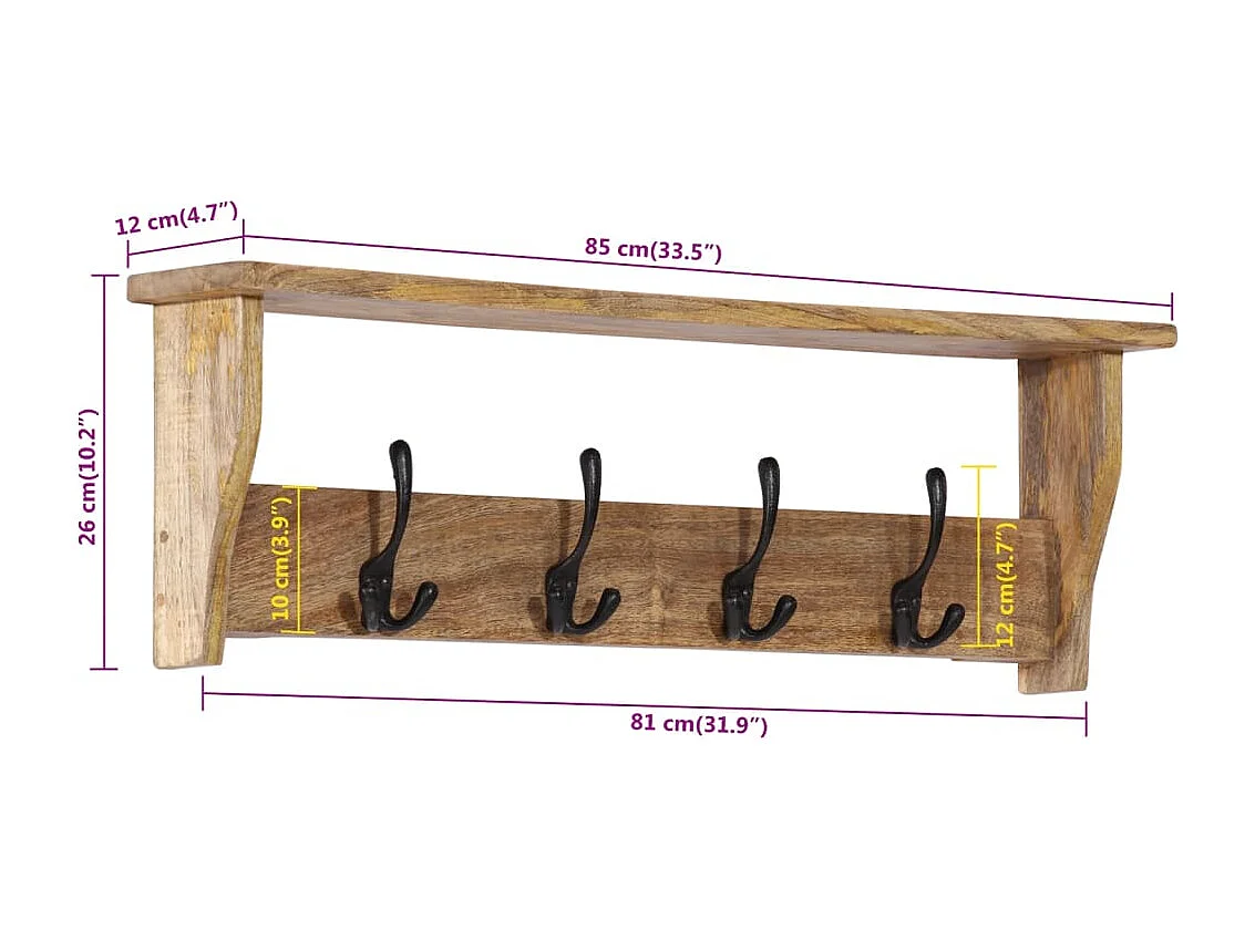 Wandgarderobe mit 4 Haken aus massivem Mangoholz