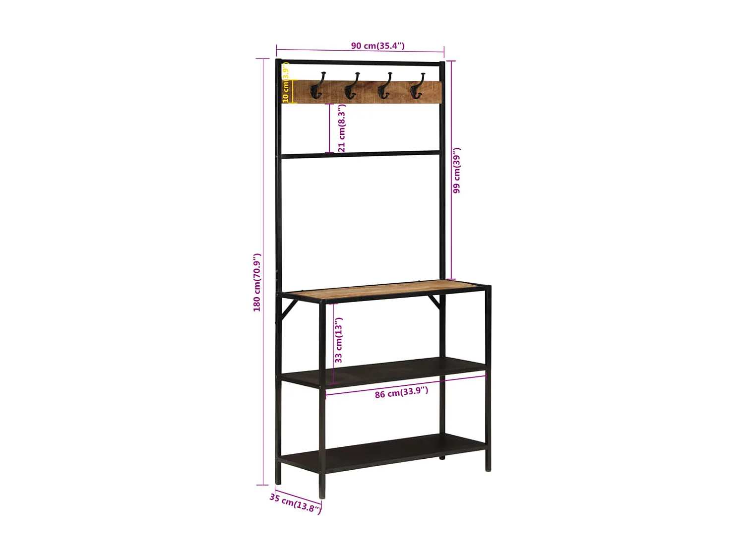 Porte-manteau 90x35x180 cm bois de manguier et fer