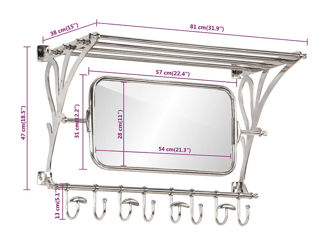 Porte-bagages avec cintres et miroir mural aluminium