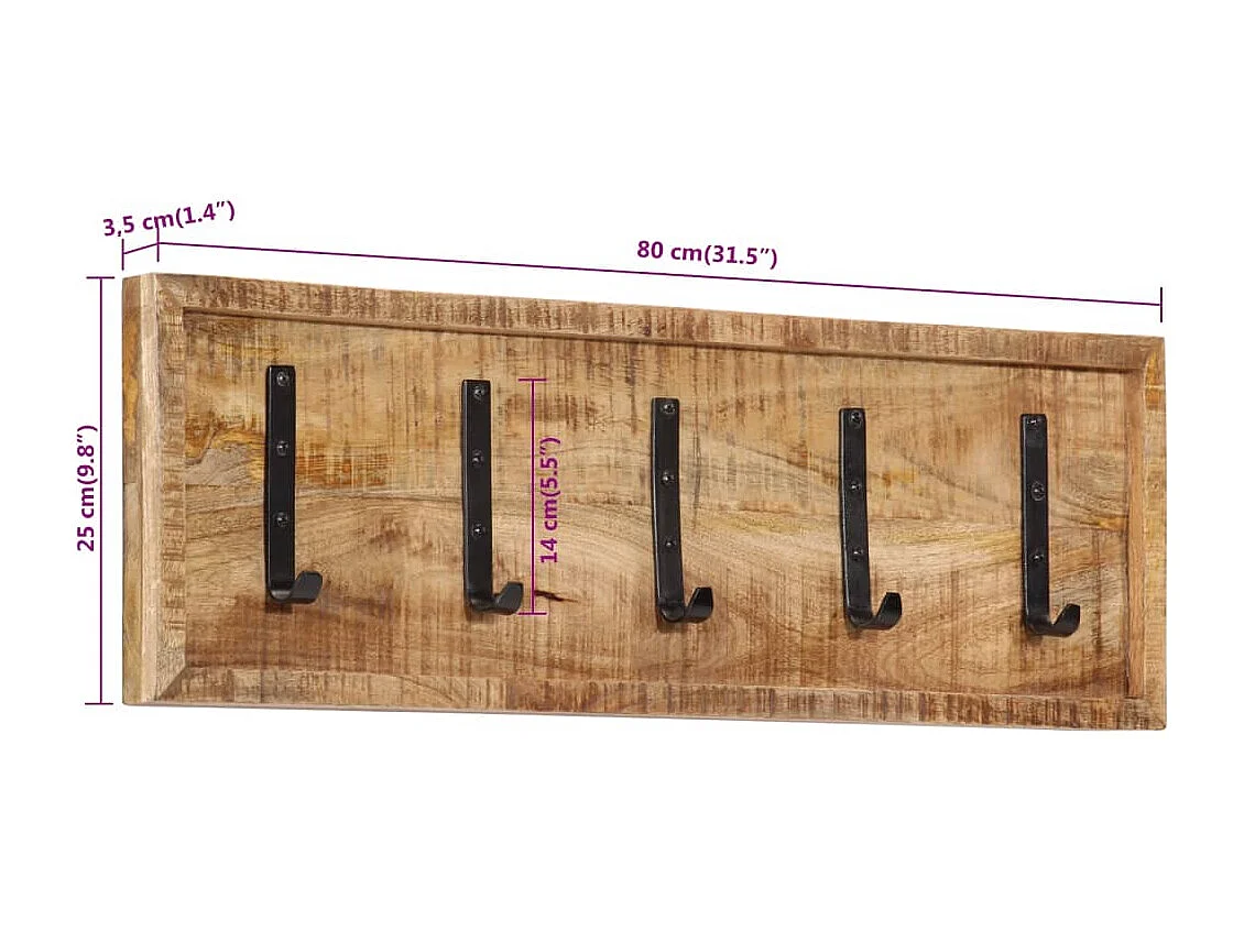 Porte-manteau mural avec 5 crochets bois de manguier massif