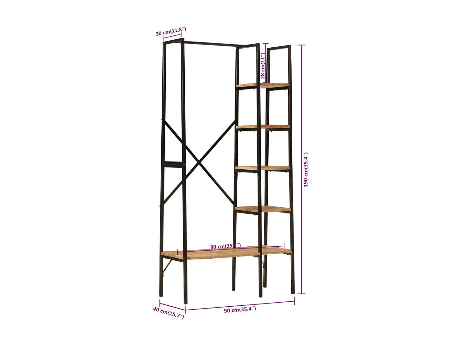 Perchero y baldas 90x40x190cm madera mango y hierro