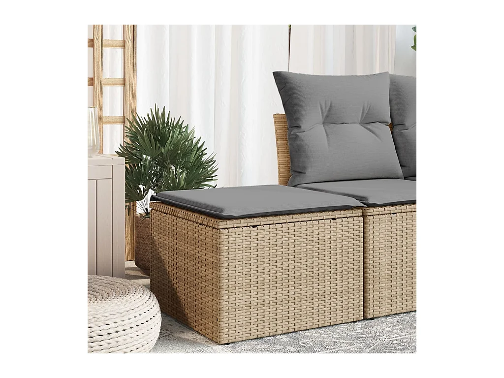 Gartenhocker mit beigem Kissen 55x55x37cm aus geflochtenem Harz