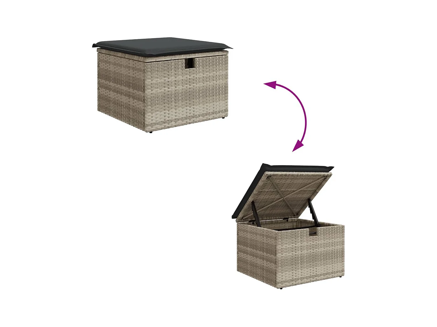 Tabouret de jardin coussin gris clair 55x55x37cm résine tressée