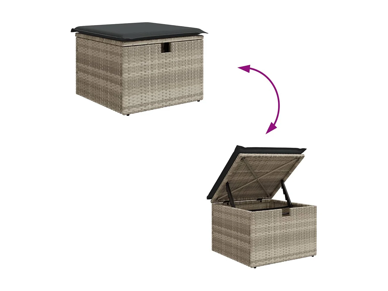 Tabouret de jardin coussin gris clair 55x55x37cm résine tressée