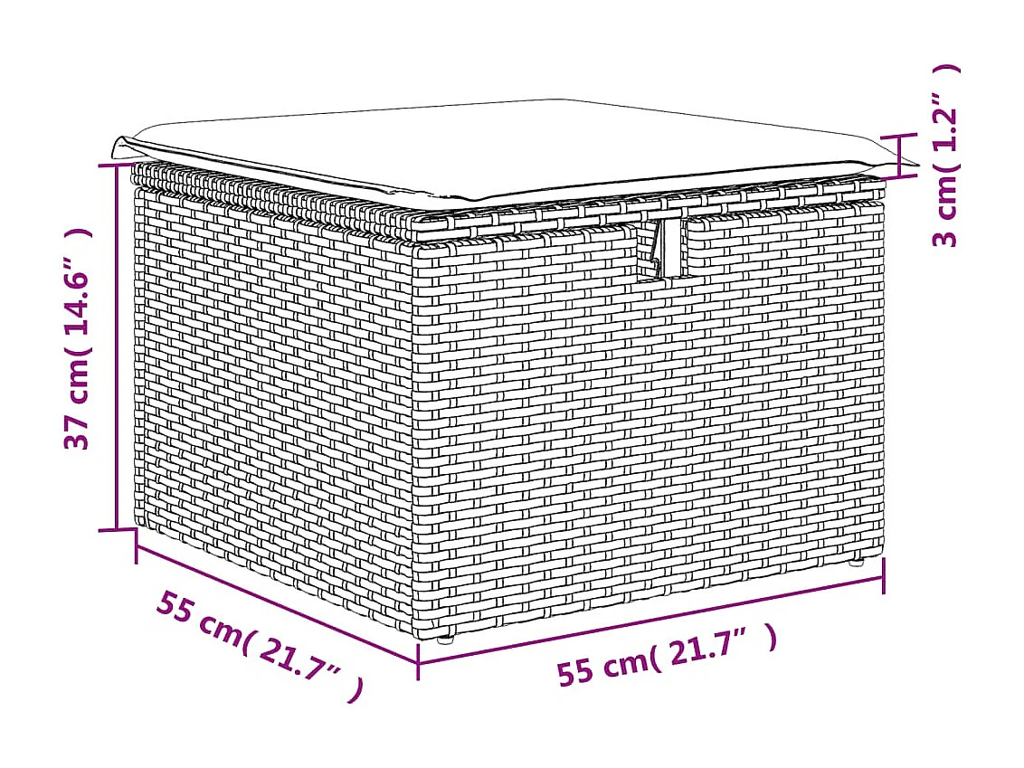 Tabouret de jardin coussin gris clair 55x55x37cm résine tressée