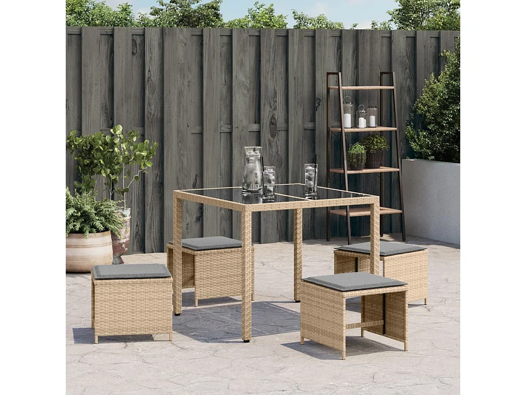 Tabourets de jardin et coussins lot de 4 mélange beige rotin