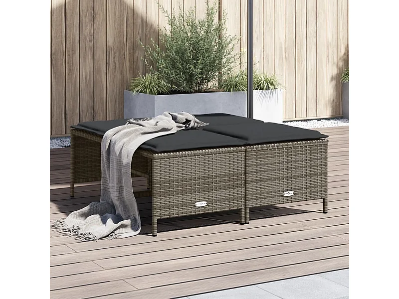 Set di 4 sgabelli da giardino con cuscini in resina intrecciata grigia