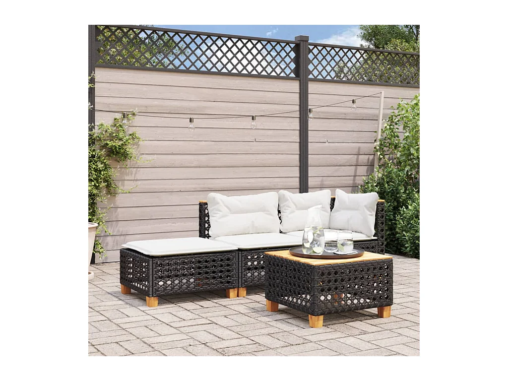 Tabouret de jardin et coussin noir 63,5x56x32 cm résine tressée