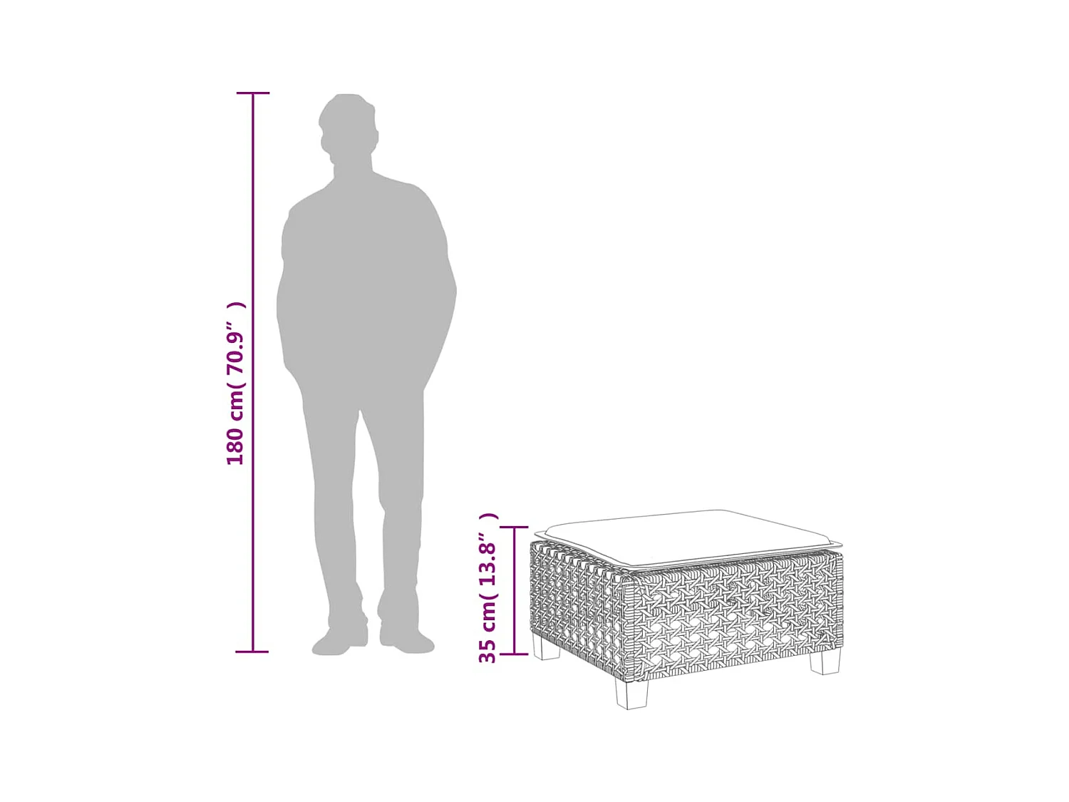 Tabouret de jardin et coussin noir 63,5x56x32 cm résine tressée