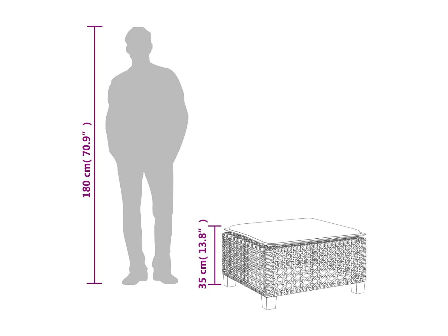 Tabouret de jardin et coussin noir 63,5x56x32 cm résine tressée