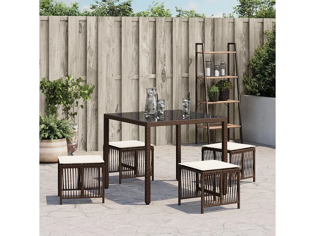 Tabourets de jardin et coussins lot de 4 marron résine tressée