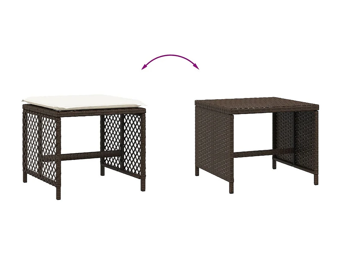 Set di 4 sgabelli e cuscini da giardino in resina intrecciata marrone