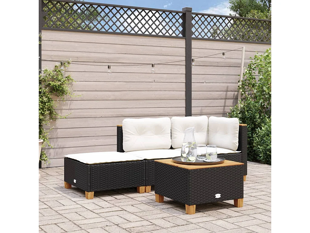 Tabouret de jardin et coussin noir 63,5x56x32 cm résine tressée