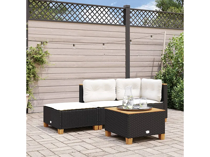 Taburete de jardín y cojín negro 63,5x56x32 cm resina tejida