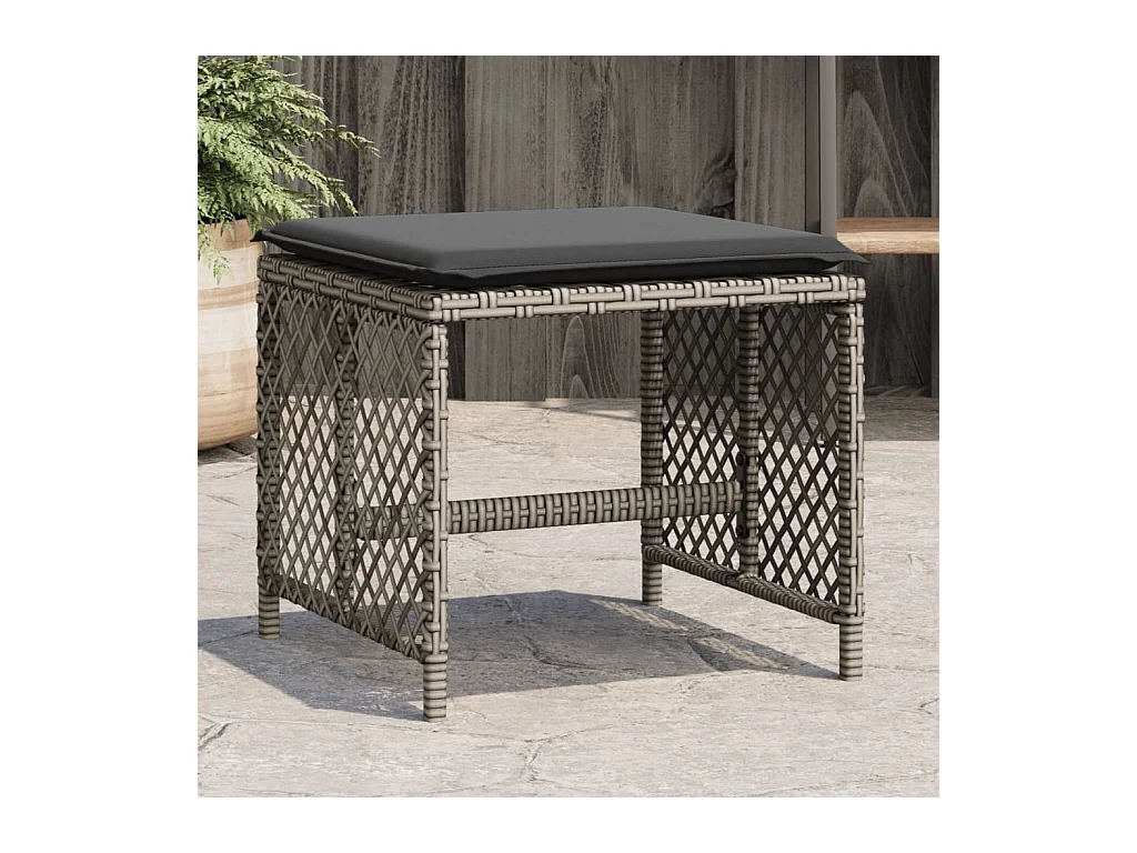 Gartenhocker und Kissen, 4er-Set, graues Rattan, 41 x 41 x 36 cm