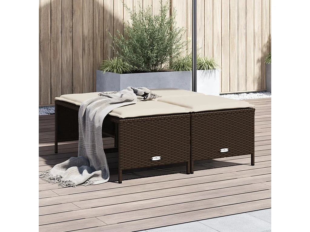 Conjunto de 4 bancos de jardim com almofadas em vime PE castanho