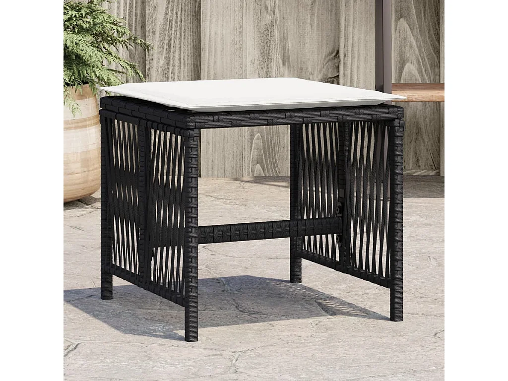 Juego de 4 taburetes y cojines de jardín ratán negro 41x41x36 cm