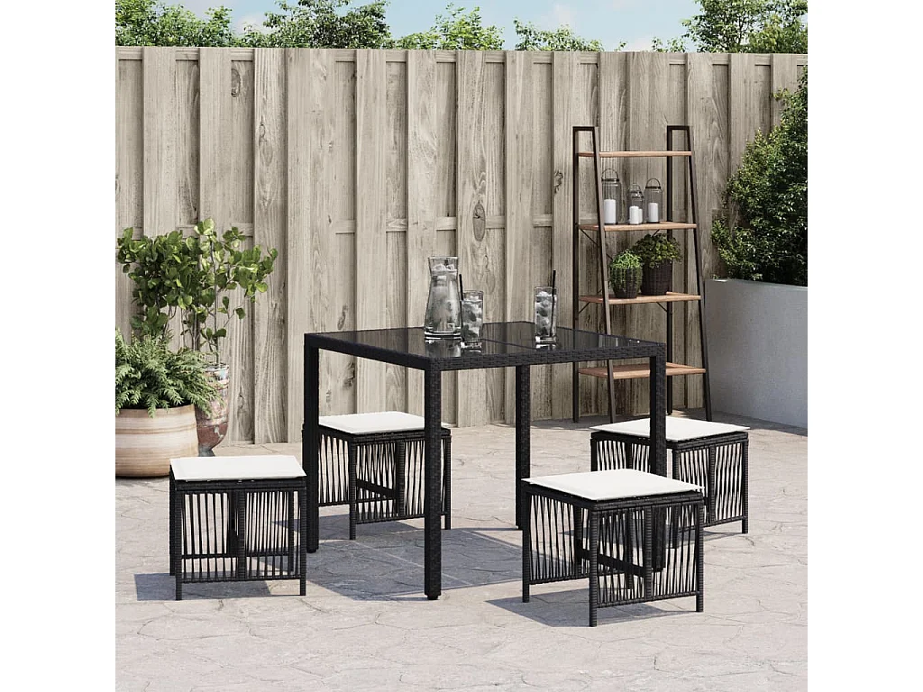 Juego de 4 taburetes y cojines de jardín ratán negro 41x41x36 cm