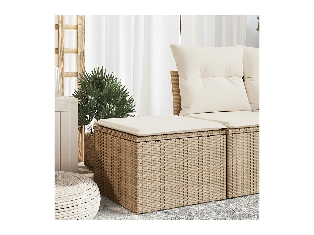 Gartenhocker mit beigem Kissen 55x55x37cm aus geflochtenem Harz
