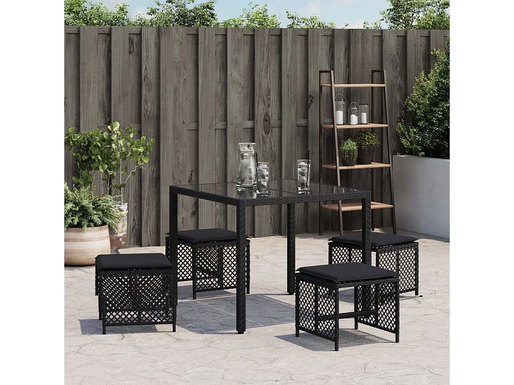 Juego de 4 taburetes y cojines de jardín ratán negro 41x41x36 cm