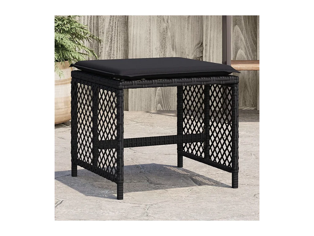 Gartenhocker und Kissen, 4er-Set, schwarz, 41 x 41 x 36 cm, Rattan